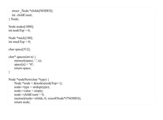 struct _Node *childs[NODES];
  int childCount;
} Node;

Node nodes[1000];
int nodeTop = 0;

Node *stack[100];
int stackTop = 0;

char space[512];

char* spaces(int n) {
    memset(space, ' ', n);
    space[n] = '0';
    return space;
}

Node *nodeNew(char *type) {
   Node *node = &nodes[nodeTop++];
   node->type = strdup(type);
   node->value = empty;
   node->childCount = 0;
   memset(node->childs, 0, sizeof(Node*)*NODES);
   return node;
 