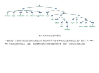 圖、複雜的語法樹的範例

一般來說，目前的自然語言剖析技術並沒有辦法將所有句子都轉換成完整的樹狀結構，通常只有 60%-
70% 左右的成功率而已。因此，有時會採用部分剖析樹直接使用，而非一定要完全剖析成功。
 