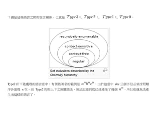下圖是這些語言之間的包含關係，也就是                           。




Type2 所不能處理的語言當中，有個最著名的範例是     ，由於這當中 abc 三個字母必須按照順
序各出現 n 次，而 Type2 的與上下文無關語法，無法記憶到底已經產生了幾個   ，所以也就無法產
生出這樣的語言了。
 