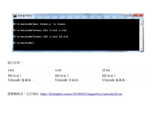 執行結果：

t.txt                          s.txt                          t2.txt
Hi!你好！                         Hi!你好！                         Hi!你好！
Unicode 萬國碼。                   Unicode 万国码。                   Unicode 萬國碼。


簡繁轉換表：位於網址 https://dl.dropbox.com/u/101584453/linguistics/c/unicode/t2s.txt
 
