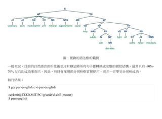 圖、複雜的語法樹的範例

一般來說，目前的自然語言剖析技術並沒有辦法將所有句子都轉換成完整的樹狀結構，通常只有 60%-
70% 左右的成功率而已。因此，有時會採用部分剖析樹直接使用，而非一定要完全剖析成功。

執行結果：

$ gcc parseenglish.c -o parseenglish

ccckmit@CCCKMIT-PC /g/code/cl/ch5 (master)
$ parseenglish
 
