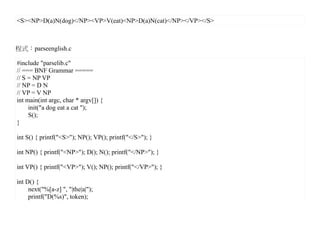 <S><NP>D(a)N(dog)</NP><VP>V(eat)<NP>D(a)N(cat)</NP></VP></S>



程式：parseenglish.c

#include "parselib.c"
// === BNF Grammar =====
// S = NP VP
// NP = D N
// VP = V NP
int main(int argc, char * argv[]) {
     init("a dog eat a cat ");
     S();
}

int S() { printf("<S>"); NP(); VP(); printf("</S>"); }

int NP() { printf("<NP>"); D(); N(); printf("</NP>"); }

int VP() { printf("<VP>"); V(); NP(); printf("</VP>"); }

int D() {
     next("%[a-z] ", "|the|a|");
     printf("D(%s)", token);
 