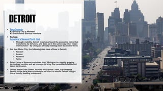 DETROIT
• TechCrunch:
#3 Startup City in Midwest
#2 Institutional Startup Investors
• Forbes:
America’s Newest Tech Hub
• Through mobility, Detroit may have found the economic niche that
transforms its fortunes, and does so in the same way other major
metros have -- by taking an already existing asset to another level.
• Not Just Motor City, the following also have offices in Detroit:
• Alphabet
• Amazon
• Facebook
• Twitter
• Peter Faricy of Amazon explained that “Michigan is a rapidly growing
technology corridor and we're eager to bring the incredible local Detroit
talent to Amazon.
• Detroit native Dan Gilbert, founder of Quicken Loans, has invested
heavily in the local startup scene in an effort to rebuild Detroit’s blight
into a trendy, bustling movement.
 