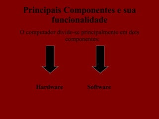 Principais Componentes e sua funcionalidade O computador divide-se principalmente em dois componentes: Hardware Software 
