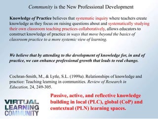 Community is the New Professional Development Knowledge in Practice recognizes the importance of teacher experience and practical knowledge in improving classroom practice. As a teacher tests out new strategies and assimilates them into teaching routines they construct knowledge in practice. They learn by doing. This knowledge is strengthened when teachers reflect and share with one another lessons learned during specific teaching sessions and describe the tacit knowledge embedded in their experiences. 