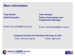 More information
Tony Okotie
Chief Executive
Email: tony.okotie@lcvs.org.uk
Colin Heaney
Policy, Partnerships and
Programmes Manager
Email: colin.heaney@lcvs.org.uk
Liverpool Charity and Voluntary Services (LCVS)
Web: www.lcvs.org.uk Twitter: @lcvsuw
 