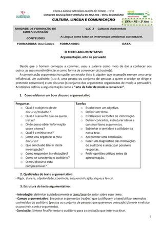 ESCOLA BÁSICA INTEGRADA QUINTA DO CONDE – 11/12
                     CURSO DE EDUCAÇÃO E FORMAÇÃO DE ADULTOS – NÍVEL SECUNDÁRIO

                            CULTURA, LÍNGUA E COMUNICAÇÃO
                                                                                  EFA – NS – 2º Ano

UNIDADE DE FORMAÇÃO DE                                CLC 2 - Culturas Ambientais
    CURTA DURAÇÃO
                                  -A Língua como fator de intervenção ambiental sustentável.
        CONTEÚDOS

FORMADORA: Ana Carriço            FORMANDOS:                                    DATA:


                                      O TEXTO ARGUMENTATIVO
                                   Argumentação, arte de persuadir

    Desde que o homem começou a conviver, usou a palavra como meio de dar a conhecer aos
outros as suas mundividências e como forma de convencer o(s) outro(s).
    A comunicação argumentativa supõe: um orador (isto é, alguém que se propõe exercer uma certa
influência), um auditório (isto é, uma pessoa ou conjunto de pessoas a quem o orador se dirige e
pretende convencer) e um discurso (o conjunto dos argumentos organizados de modo a persuadir).
Aristóteles definiu a argumentação como a "arte de falar de modo a convencer".

   1. Como elaborar um bom discurso argumentativo

Perguntas                                     Tarefas
   o Qual é o objetivo deste                     o Estabelecer um objetivo.
      discurso/trabalho?                         o Definir um tema.
   o Qual é o assunto que eu quero               o Estabelecer as fontes de informação.
      tratar?                                    o Definir conceitos, estruturar ideias e
   o Onde posso obter informação                     construir bons argumentos.
      sobre o tema?                              o Sublinhar o sentido e a utilidade da
   o Qual é a minha tese?                            nossa tese.
   o Como vou organizar o meu                    o Apresentar uma conclusão.
      discurso?                                  o Fazer um diagnóstico das motivações
   o Que conclusão tirarei desta                     do auditório e antecipar possíveis
      investigação?                                  respostas.
   o Como responder às refutações?               o Pedir opiniões críticas antes da
   o Como se caracteriza o auditório?                apresentação.
   o O meu discurso está
      compreensível?

    2. Qualidades do texto argumentativo:
- Rigor, clareza, objetividade, coerência, sequencialização, riqueza lexical.

   3. Estrutura do texto argumentativo:

- Introdução: delimitar cuidadosamente o tema/tese do autor sobre esse tema.
- Campo argumentativo: Encontrar argumentos (razões) que justifiquem a tese/utilizar exemplos
conhecidos do auditório (pessoa ou conjunto de pessoas que queremos persuadir) /prever e refutar
os possíveis contra-argumentos.
-Conclusão: Síntese final/orientar o auditório para a conclusão que interessa tirar.
                                                                                                      1
 