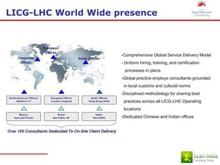 LICG-LHC World Wide presence
-Comprehensive Global Service Delivery Model
- Uniform hiring, training, and certification
processes in place.
-Global practice employs consultants grounded
in local customs and cultural norms
-Disciplined methodology for sharing best
practices across all LICG-LHC Operating
locations
-Dedicated Chinese and Indian offices
 