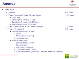 Agenda
• Day Four
– Review 0.5 Hour
– Tools to support Value Stream Maps 1.0 Hours
• Circle Map
• Consumption & Provision Map
• Calculating Process Cycle Efficiency
• Assessing a Current State Map
– Simulation Round 2-Fast Trac Services 1.0 Hour
– Flow – Principle 3 3.5 Hour
• Identify Obstructions to flow
– CEDAC
– Affinity Brain-Storming
– Group Exercise
• Tools to create Flow
– Constraint Management
– Standard Work
– Information Radiators
– Conflict Resolution Charts
– ECRS Methodology (Eliminate, Combine, Reduce & Simplify)
 