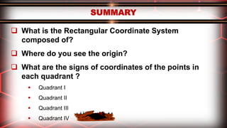  What is the Rectangular Coordinate System
composed of?
 Where do you see the origin?
 What are the signs of coordinates of the points in
each quadrant ?
 Quadrant I
 Quadrant II
 Quadrant III
 Quadrant IV
 