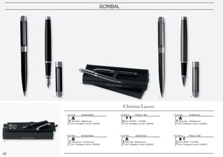 42
SCRIBAL
Scribal Black
Stylo bille - Ballpoint pen
Incl. Packaging ‘Lacroix’ (LBS400)
1 LST4594
Scribal Black
Stylo plume - Fountain pen
Incl. Packaging ‘Lacroix’ (LBS400)
2 LST4592
Scribal Gun
Stylo roller - Rollerball pen
Incl. Packaging ‘Lacroix’ (LBS400)
5 LST4605Parure / Set
Set LST4604 + LST4605
Incl. Packaging ‘Lacroix’ (LBE400)
3 LPBR460
Parure / Set
Set LJM416 + LST4592
Incl. Packaging ‘Lacroix’ (LBE400)
6 LPJP416Scribal Gun
Stylo bille - Ballpoint pen
Incl. Packaging ‘Lacroix’ (LBS400)
4 LST4604
1 2
3
4
5
6
 
