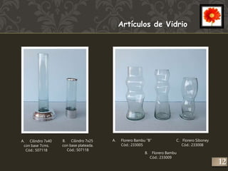 Artículos de Vidrio 
A. Cilindro 7x40 
con base 7cms. 
Cód.: 507118 
B. Cilindro 7x25 
con base plateada. 
Cód.: 507118 
C. Florero Siboney 
Cód.: 233008 
A. Florero Bambu ”B” 
Cód.: 233005 
B. Florero Bambu 
Cód.: 233009 
12 
 