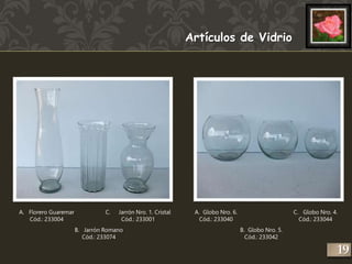 Artículos de Vidrio 
A. Florero Guaremar 
Cód.: 233004 
C. Jarrón Nro. 1. Cristal 
B. Jarrón Romano 
Cód.: 233074 
Cód.: 233001 
A. Globo Nro. 6. 
Cód.: 233040 
B. Globo Nro. 5. 
Cód.: 233042 
C. Globo Nro. 4. 
Cód.: 233044 
19 
 