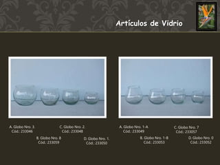 Artículos de Vidrio 
A. Globo Nro. 3. 
Cód.: 233046 
C. Globo Nro. 2. 
Cód.: 233048 
B. Globo Nro. 8 
Cód.: 233059 
D. Globo Nro. 1. 
Cód.: 233050 
A. Globo Nro. 1-A 
Cód.: 233049 
B. Globo Nro. 1-B 
Cód.: 233053 
C. Globo Nro. 7 
Cód.: 233057 
D. Globo Nro. 0 
Cód.: 233052 
 