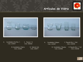 Artículos de Vidrio 
A. Candelabro Cte Nro. 1. 
Cód.: 233031 
B. Candelabro 3 Berm. 
Cód.: 232905 
C. Pecera 1-3 
Cód.: 506302 
A. Candelabro Tulipan. 
Cód.: 232907 
B. Candelabro Maceta. 
Cód.: 232908 
C. Tequila Nro. 2 9x4. 
Cód.: 233039 
D. Tequila Nro. 1 7x4 
Cód.: 233038 
D. Velerito 5x4. 
Cód.: 230071 
221 
 