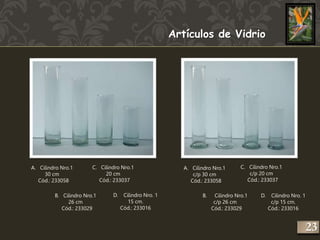 Artículos de Vidrio 
C. Cilindro Nro.1 
20 cm 
Cód.: 233037 
D. Cilindro Nro. 1 
15 cm. 
Cód.: 233016 
A. Cilindro Nro.1 
B. Cilindro Nro.1 
26 cm 
Cód.: 233029 
30 cm 
Cód.: 233058 
C. Cilindro Nro.1 
c/p 20 cm 
Cód.: 233037 
D. Cilindro Nro. 1 
c/p 15 cm. 
Cód.: 233016 
A. Cilindro Nro.1 
c/p 30 cm 
Cód.: 233058 
B. Cilindro Nro.1 
c/p 26 cm 
Cód.: 233029 
223 
 