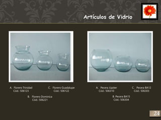 Artículos de Vidrio 
A. Florero Trinidad 
Cód.: 506123 
B. Florero Dominica 
Cód.: 506221 
C. Florero Guadalupe 
Cód.: 506122 
C. Pecera BA12 
Cód.: 506303 
A. Pecera Júpiter 
Cód.: 506310 
B. Pecera BA15 
Cód.: 506304 
224 
 