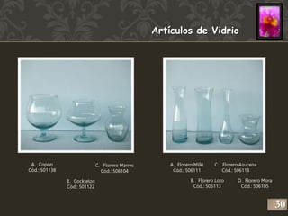 Artículos de Vidrio 
A. Copón 
Cód.: 501138 
B. Cocktelon 
Cód.: 501122 
C. Florero Marres 
Cód.: 506104 
A. Florero Milki 
Cód.: 506111 
C. Florero Azucena 
Cód.: 506113 
B. Florero Loto 
Cód.: 506113 
D. Florero Mora 
Cód.: 506105 
230 
 