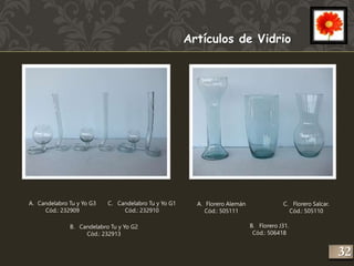 Artículos de Vidrio 
C. Candelabro Tu y Yo G1 
Cód.: 232910 
A. Candelabro Tu y Yo G3 
B. Candelabro Tu y Yo G2 
Cód.: 232913 
Cód.: 232909 
A. Florero Alemán 
Cód.: 505111 
C. Florero Salcar. 
Cód.: 505110 
B. Florero J31. 
Cód.: 506418 
232 
 