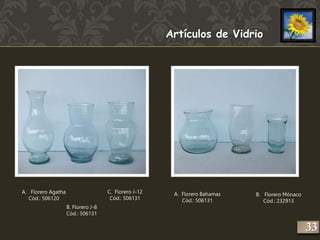 Artículos de Vidrio 
C. Florero J-12 
Cód.: 506131 
B. Florero J-8 
Cód.: 506131 
A. Florero Agatha 
Cód.: 506120 
A. Florero Bahamas 
Cód.: 506131 
B. Florero Mónaco 
Cód.: 232913 
233 
 