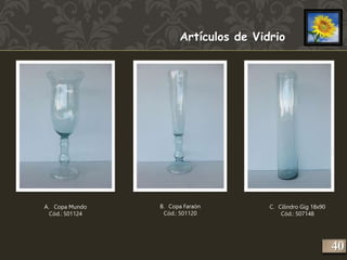 Artículos de Vidrio 
A. Copa Mundo 
Cód.: 501124 
B. Copa Faraón 
Cód.: 501120 
C. Cilindro Gig 18x90 
Cód.: 507148 
240 
 