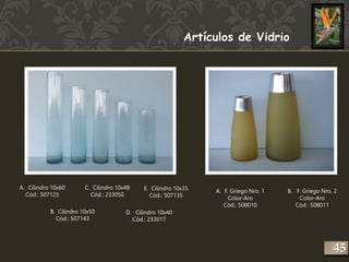 Artículos de Vidrio 
A. Cilindro 10x60 
Cód.: 507123 
C. Cilindro 10x48 
Cód.: 233050 
B. Cilindro 10x50 
Cód.: 507143 
E. Cilindro 10x35 
Cód.: 507135 
D. Cilindro 10x40 
Cód.: 233017 
A. F. Griego Nro. 1 
Color-Aro 
Cód.: 508010 
B. F. Griego Nro. 2 
Color-Aro 
Cód.: 508011 
245 
 