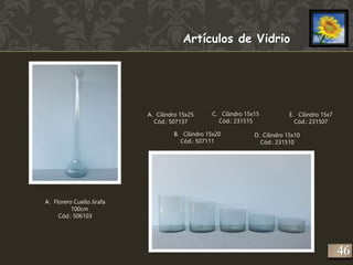 Artículos de Vidrio 
E. Cilindro 15x7 
Cód.: 231507 
C. Cilindro 15x15 
Cód.: 231515 
D. Cilindro 15x10 
Cód.: 231510 
A. Cilindro 15x25 
Cód.: 507137 
B. Cilindro 15x20 
Cód.: 507111 
A. Florero Cuello Jirafa 
100cm 
Cód.: 506103 
246 
 