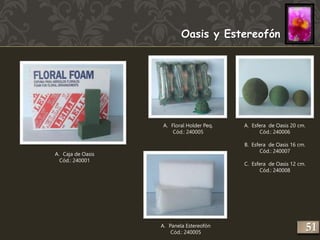 Oasis y Estereofón 
A. Esfera de Oasis 20 cm. 
Cód.: 240006 
B. Esfera de Oasis 16 cm. 
Cód.: 240007 
C. Esfera de Oasis 12 cm. 
Cód.: 240008 
A. Floral Holder Peq. 
Cód.: 240005 
A. Panela Estereofón 
Cód.: 240005 
A. Caja de Oasis 
Cód.: 240001 
251 
 