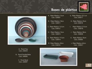 Bases de plástico 
A. Plato Plástico 7.5cm 
Cód.: 530007 
B. Plato Plástico 10cm 
Cód..: 530011 
C. Plato Plástico 12.5cm 
Cód..:530012 
D. Plato Plástico 15cm 
Cód..: 530015 
E. Plato Plástico 17.5cm 
Cód..: 530014 
F. Plato Plástico 20cm 
Cód..:530016 
G. Plato Plástico 22.5 cm 
Cód..:530017 
H. Plato Plástico 25cm 
Cód..:530018 
I. Plato Plástico 27.5cm 
Cód..: 530018 
J. Plato Plástico 30cm 
Cód..: 530030 
K. Plato Plástico 35cm 
Cód..:530006 
L. Plato Plástico 42cm 
Cód..: 530021 
A. Floral Tray 
Cód.: 240035 
B. Floral Double Bolw 
Cód.: 240092 
C. Floral Bowl 
Cód.: 240097 
252 
 