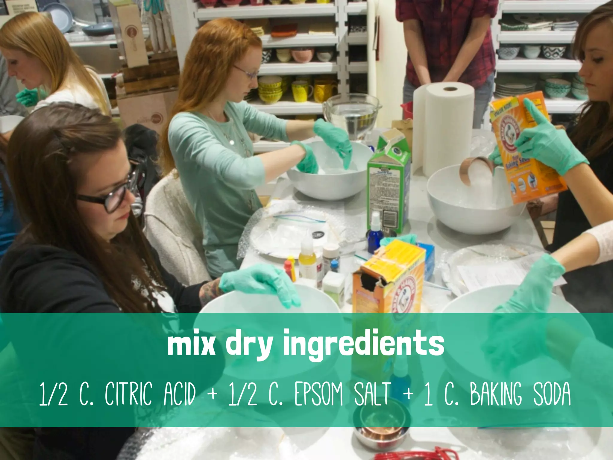 mix dry ingredients
1/2 c. citric acid + 1/2 c. epsom salt + 1 c. baking soda

 