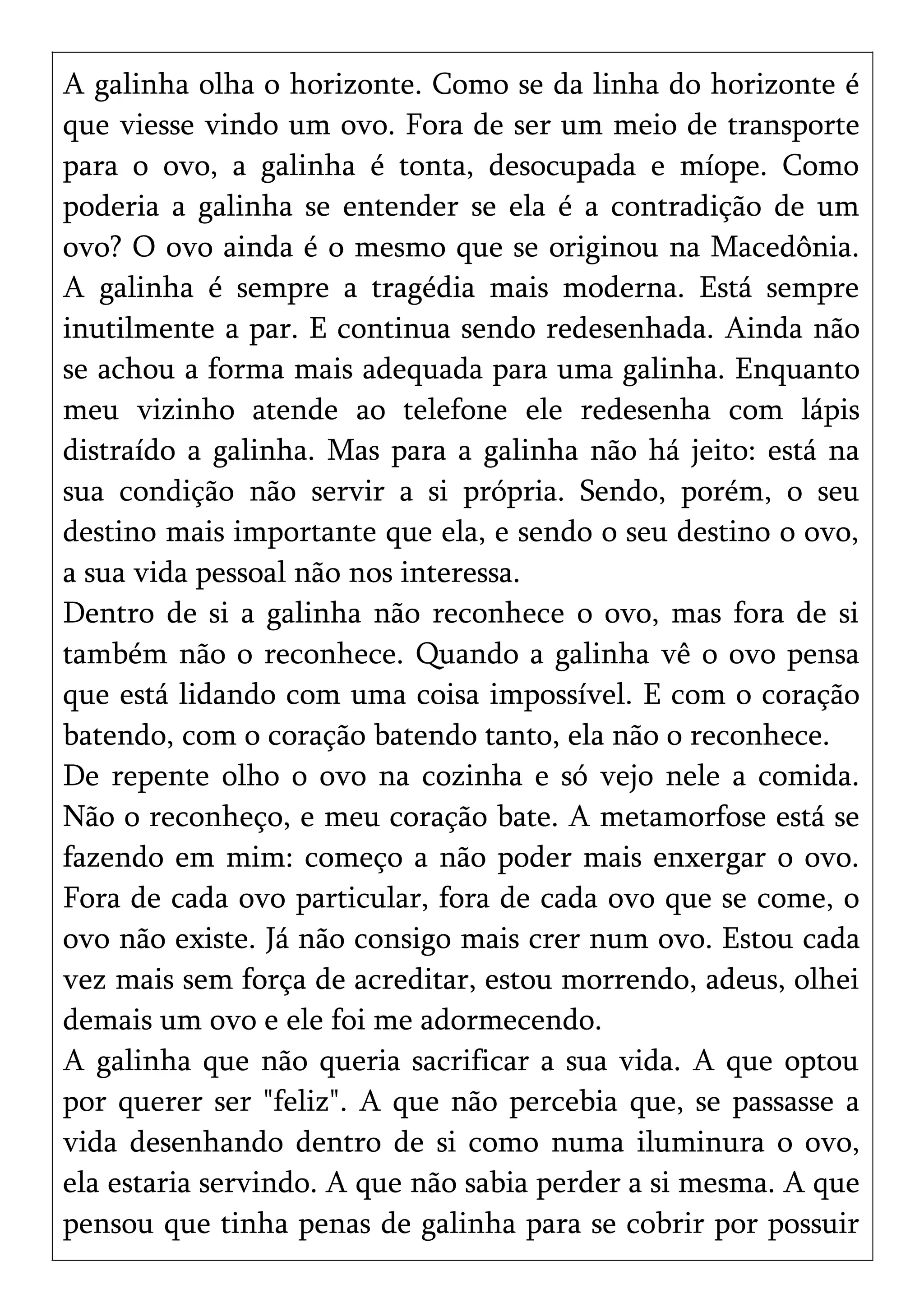 A galinha olha o horizonte. Como se da linha do horizonte é
que viesse vindo um ovo. Fora de ser um meio de transporte
para o ovo, a galinha é tonta, desocupada e míope. Como
poderia a galinha se entender se ela é a contradição de um
ovo? O ovo ainda é o mesmo que se originou na Macedônia.
A galinha é sempre a tragédia mais moderna. Está sempre
inutilmente a par. E continua sendo redesenhada. Ainda não
se achou a forma mais adequada para uma galinha. Enquanto
meu vizinho atende ao telefone ele redesenha com lápis
distraído a galinha. Mas para a galinha não há jeito: está na
sua condição não servir a si própria. Sendo, porém, o seu
destino mais importante que ela, e sendo o seu destino o ovo,
a sua vida pessoal não nos interessa.
Dentro de si a galinha não reconhece o ovo, mas fora de si
também não o reconhece. Quando a galinha vê o ovo pensa
que está lidando com uma coisa impossível. E com o coração
batendo, com o coração batendo tanto, ela não o reconhece.
De repente olho o ovo na cozinha e só vejo nele a comida.
Não o reconheço, e meu coração bate. A metamorfose está se
fazendo em mim: começo a não poder mais enxergar o ovo.
Fora de cada ovo particular, fora de cada ovo que se come, o
ovo não existe. Já não consigo mais crer num ovo. Estou cada
vez mais sem força de acreditar, estou morrendo, adeus, olhei
demais um ovo e ele foi me adormecendo.
A galinha que não queria sacrificar a sua vida. A que optou
por querer ser "feliz". A que não percebia que, se passasse a
vida desenhando dentro de si como numa iluminura o ovo,
ela estaria servindo. A que não sabia perder a si mesma. A que
pensou que tinha penas de galinha para se cobrir por possuir
 