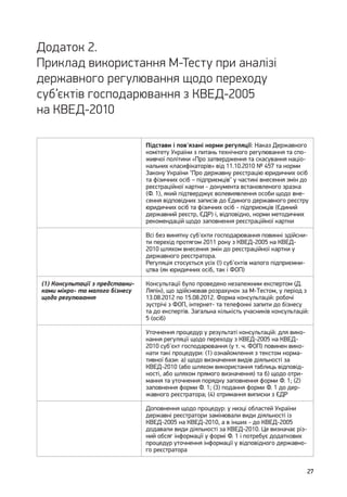 27
Додаток 2.
Приклад використання М-Тесту при аналізі
державного регулювання щодо переходу
суб’єктів господарювання з КВЕД-2005
на КВЕД-2010
Підстави і пов'язані норми регуляції: Наказ Державного
комітету України з питань технічного регулювання та спо-
живчої політики «Про затвердження та скасування націо-
нальних класифікаторів» від 11.10.2010 № 457 та норми
Закону України "Про державну реєстрацію юридичних осіб
та фізичних осіб – підприємців" у частині внесення змін до
реєстраційної картки - документа встановленого зразка
(Ф. 1), який підтверджує волевиявлення особи щодо вне-
сення відповідних записів до Єдиного державного реєстру
юридичних осіб та фізичних осіб - підприємців (Єдиний
державний реєстр, ЄДР) і, відповідно, норми методичних
рекомендацій щодо заповнення реєстраційної картки
Всі без винятку суб'єкти господарювання повинні здійсни-
ти перехід протягом 2011 року з КВЕД-2005 на КВЕД-
2010 шляхом внесення змін до реєстраційної картки у
державного реєстратора.
Регуляція стосується усіх (!) суб'єктів малого підприємни-
цтва (як юридичних осіб, так і ФОП)
(1) Консультації з представни-
ками мікро- та малого бізнесу
щодо регулювання
Консультації було проведено незалежним експертом (Д.
Ляпін), що здійснював розрахунок за М-Тестом, у період з
13.08.2012 по 15.08.2012. Форма консультацій: робочі
зустрічі з ФОП, інтернет- та телефонні запити до бізнесу
та до експертів. Загальна кількість учасників консультацій:
5 (осіб)
Уточнення процедур у результаті консультацій: для вико-
нання регуляції щодо переходу з КВЕД-2005 на КВЕД-
2010 суб'єкт господарювання (у т. ч. ФОП) повинен вико-
нати такі процедури: (1) ознайомлення з текстом норма-
тивної бази: а) щодо визначення видів діяльності за
КВЕД-2010 (або шляхом використання таблиць відповід-
ності, або шляхом прямого визначення) та б) щодо отри-
мання та уточнення порядку заповнення форми Ф. 1; (2)
заповнення форми Ф. 1; (3) подання форми Ф. 1 до дер-
жавного реєстратора; (4) отримання виписки з ЄДР
Доповнення щодо процедур: у низці областей України
державні реєстратори замінювали види діяльності із
КВЕД-2005 на КВЕД-2010, а в інших - до КВЕД-2005
додавали види діяльності за КВЕД-2010. Це визначає різ-
ний обсяг інформації у формі Ф. 1 і потребує додаткових
процедур уточнення інформації у відповідного державно-
го реєстратора
 