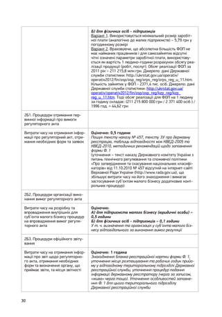 30
Б) для фізичних осіб - підприємців
Варіант 1. Використовується мінімальний розмір заробіт-
ної плати (аналогічно до малих підприємств) – 5,79 грн у
погодинному розмірі
Варіант 2. Враховуючи, що абсолютна більшість ФОП не
має найманих працівників і для самозайнятих відсутні
чіткі означені параметри заробітної плати, використову-
ється як вартість 1 людино-години розрахунок обсягу реа-
лізації продукції (робіт, послуг). Обсяг реалізації ФОП за
2011 рік – 211 215,8 млн грн. Джерело: дані Державної
служби статистики: http://ukrstat.gov.ua/operativ/
operativ2012/fin/osp/osp_reg/orps_reg/orps_reg_u_11.htm.
Кількість зайнятих у ФОП - 2371,4 тис. осіб. Джерело: дані
Державної служби статистики: http://ukrstat.gov.ua/
operativ/operativ2012/fin/osp/osp_reg/kzp_reg/kzp_
reg_u_11.htm. Тоді обсяг реалізації для ФОП на 1 людину
за годину складає: (211 215 800 000 грн / 2 371 400 осіб ) /
1996 год. = 44,62 грн
2Б1. Процедури отримання пер-
винної інформації про вимоги
регуляторного акта
Витрати часу на отримання інфор-
мації про регуляторний акт, отри-
мання необхідних форм та заявок
Оціночно: 0,5 години
Пошук тексту наказу № 457, тексту ЗУ про державну
реєстрацію, таблиць відповідності між КВЕД-2005 та
КВЕД-2010, методичних рекомендацій щодо заповнення
форми Ф. 1
(уточнення – текст наказу Державного комітету України з
питань технічного регулювання та споживчої політики
«Про затвердження та скасування національних класифі-
каторів» від 11.10.2010 № 457 відсутній на інтернет-сайті
Верховної Ради України (http://www.rada.gov.ua), що
збільшує витрати часу на його знаходження і вимагає
застосування суб’єктом малого бізнесу додаткових конт­
рольних процедур)
2Б2. Процедури організації вико-
нання вимог регуляторного акта
Витрати часу на розробку та
впровадження внутрішніх для
суб’єкта малого бізнесу процедур
на впровадження вимог регуля-
торного акта
Оціночно:
А) для підприємств малого бізнесу (юридичні особи) –
0,5 години
Б) для фізичних осіб - підприємців – 0,1 години
У т. ч. визначення та організація у суб’єкта малого біз-
несу відповідального за виконання вимог регуляції
2Б3. Процедури офіційного звіту-
вання
Витрати часу на отримання інфор-
мації про звіт щодо регуляторно-
го акта, отримання необхідних
форм та визначення органу, що
приймає звіти, та місця звітності
Оціночно: 1 година
Знаходження бланка реєстраційної картки форми Ф. 1,
уточнення місця розташування та робочих годин прийо-
му у відповідному територіальному підрозділі Державної
реєстраційної служби, уточнення процедур подання
інформації державному реєстратору (черга за записом,
«жива» черга тощо). Уточнення особливостей заповне-
ння Ф. 1 для цього територіального підрозділу
Державної реєстраційної служби
 