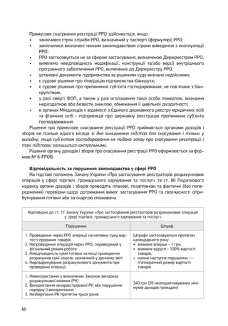 60
Примусове скасування реєстрації РРО здійснюється, якщо:
•	 закінчився строк служби РРО, визначений у паспорті (формулярі) РРО;
•	 закінчилися визначені чинним законодавством строки виведення з експлуатації
РРО;
•	 РРО застосовується не за сферою застосування, визначеною Держреєстром РРО;
•	 виявлено невідповідність модифікації, конструкції та/або версії внутрішнього
програмного забезпечення РРО, включених до Держреєстру РРО.
•	 установчі документи підприємства за рішенням суду визнано недійсними;
•	 є судове рішення про ліквідацію підприємства-банкрута;
•	 є судове рішення про припинення суб'єкта господарювання, не пов'язане з бан-
крутством;
•	 у разі смерті ФОП, а також у разі оголошення такої особи померлою, визнання
недієздатною або безвісти зниклою, обмеження її цивільної дієздатності;
•	 в органах Міндоходів є відомості з Єдиного державного реєстру юридичних осіб
та фізичних осіб - підприємців про державну реєстрацію припинення суб'єкта
господарювання.
Рішення про примусове скасування реєстрації РРО приймається органами доходів і
зборів не пізніше одного місяця зі дня виникнення підстав для скасування і тільки у
випадку, якщо суб'єктом господарювання не подано заяву про скасування реєстрації і
такі підстави залишилися актуальними.
Рішення органу доходів і зборів про скасування реєстрації РРО оформлюється за фор-
мою № 6-РРОВ.
Відповідальність за порушення законодавства у сфері РРО
На підставі положень Закону України «Про застосування реєстраторів розрахункових
операцій у сфері торгівлі, громадського харчування та послуг» та ст. 80 Податкового
кодексу органи доходів і зборів проводять планові, позапланові та фактичні (без попе-
редження) перевірки щодо дотримання вимог застосування РРО та своєчасності опри-
буткування готівки або за скаргою споживача.
Відповідно до ст. 17 Закону України «Про застосування реєстраторів розрахункових операцій
у сфері торгівлі, громадського харчування та послуг»
Порушення Штраф
1.	Проведення через РРО операції на неповну суму вар-
тості проданих товарів
2.	Непроведення операцій через РРО, переведений у
фіскальний режим роботи
3.	Невідповідність суми готівки на місці проведення
розрахунків сумі коштів, зазначеній у денному звіті
4.	Нероздрукування розрахункового документа при
проведенні операції
Штрафи застосовуються протягом
календарного року:
•	 вчинене вперше - 1 грн;
•	 вчинене вдруге - 100% вартості
товарів;
•	 кожне наступне порушення —
п’ятикратний розмір вартості
товарів
1.	Невикористання у визначених Законом випадках
розрахункової книжки (РК)
2.	Використання незареєстрованої РК або порушення
порядку її використання
3.	Незберігання РК протягом трьох років
340 грн (20 неоподатковуваних міні-
мумів доходів громадян)
 