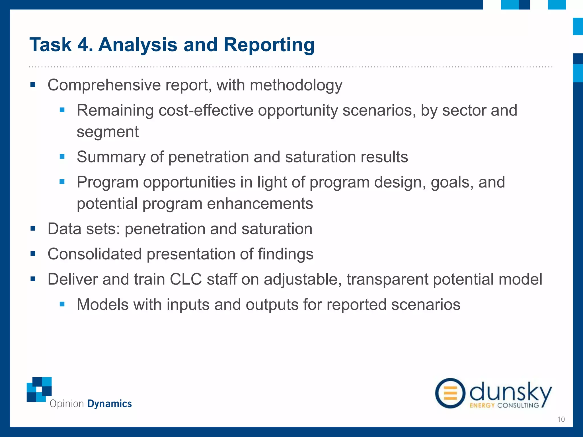 Task 4. Analysis and Reporting
10
 Comprehensive report, with methodology
 Remaining cost-effective opportunity scenarios, by sector and
segment
 Summary of penetration and saturation results
 Program opportunities in light of program design, goals, and
potential program enhancements
 Data sets: penetration and saturation
 Consolidated presentation of findings
 Deliver and train CLC staff on adjustable, transparent potential model
 Models with inputs and outputs for reported scenarios
 