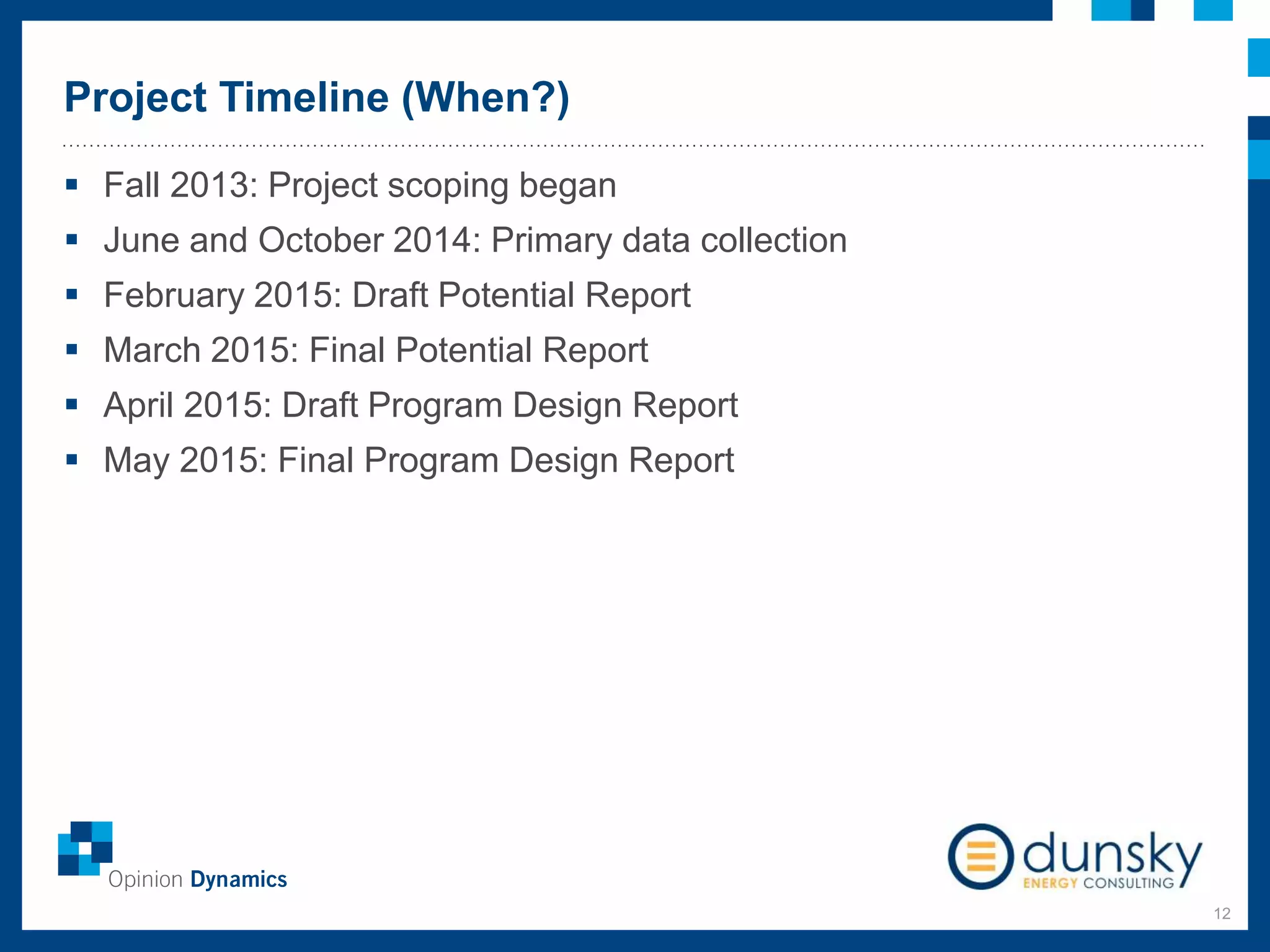 Project Timeline (When?)
12
 Fall 2013: Project scoping began
 June and October 2014: Primary data collection
 February 2015: Draft Potential Report
 March 2015: Final Potential Report
 April 2015: Draft Program Design Report
 May 2015: Final Program Design Report
 