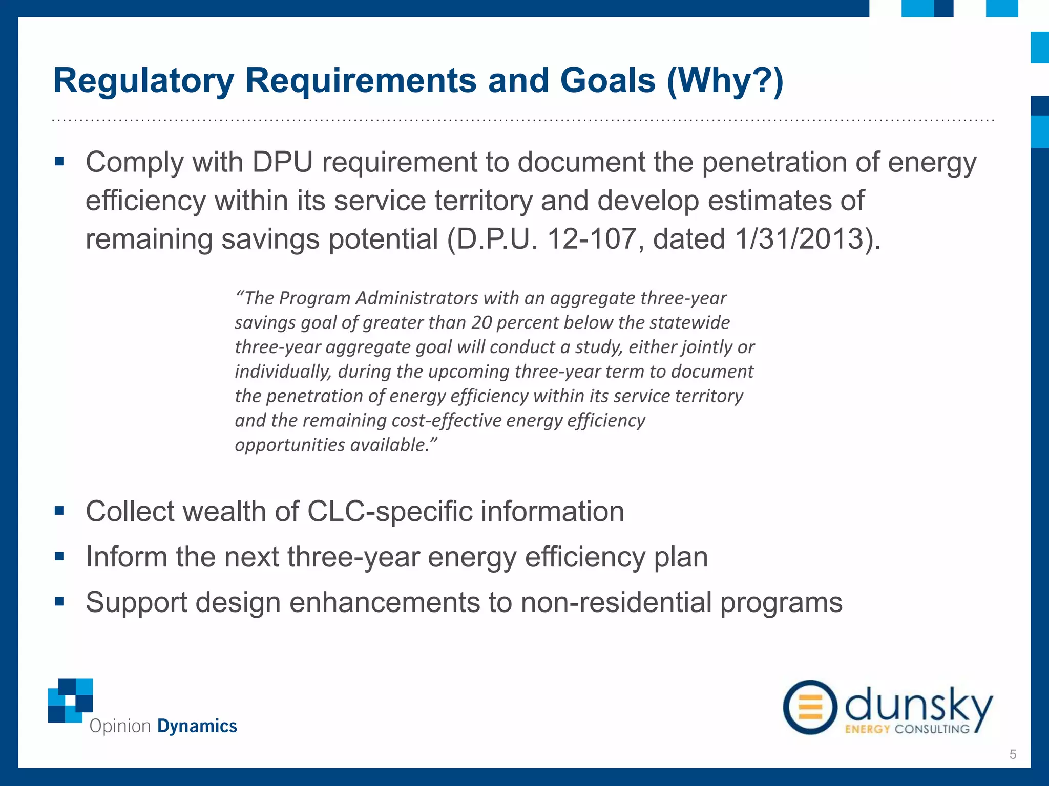 Regulatory Requirements and Goals (Why?)
5
 Comply with DPU requirement to document the penetration of energy
efficiency within its service territory and develop estimates of
remaining savings potential (D.P.U. 12-107, dated 1/31/2013).
 Collect wealth of CLC-specific information
 Inform the next three-year energy efficiency plan
 Support design enhancements to non-residential programs
“The Program Administrators with an aggregate three-year
savings goal of greater than 20 percent below the statewide
three-year aggregate goal will conduct a study, either jointly or
individually, during the upcoming three-year term to document
the penetration of energy efficiency within its service territory
and the remaining cost-effective energy efficiency
opportunities available.”
 
