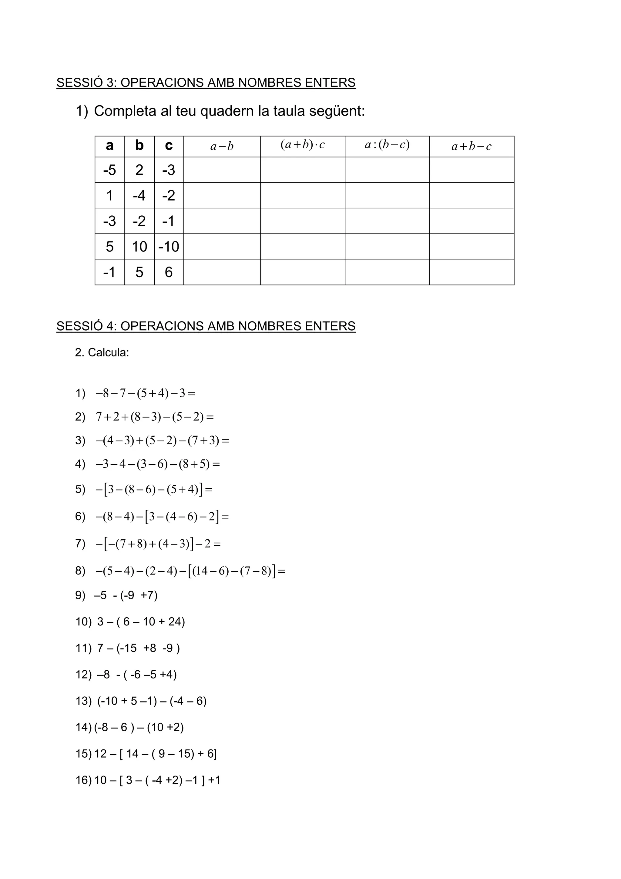 SESSIÓ 3: OPERACIONS AMB NOMBRES ENTERS

  1) Completa al teu quadern la taula següent:

        a       b     c         a −b            ( a + b) ⋅ c   a : (b − c)   a+b−c
        -5      2    -3
        1       -4   -2
        -3      -2   -1
        5       10 -10
        -1      5     6


SESSIÓ 4: OPERACIONS AMB NOMBRES ENTERS

  2. Calcula:


  1) −8 − 7 − (5 + 4) − 3 =

  2) 7 + 2 + (8 − 3) − (5 − 2) =

  3) −(4 − 3) + (5 − 2) − (7 + 3) =

  4) −3 − 4 − (3 − 6) − (8 + 5) =

  5) − [3 − (8 − 6) − (5 + 4) ] =

  6) −(8 − 4) − [3 − (4 − 6) − 2 ] =

  7) − [ −(7 + 8) + (4 − 3) ] − 2 =

  8) −(5 − 4) − (2 − 4) − [ (14 − 6) − (7 − 8) ] =

  9) –5 - (-9 +7)

  10) 3 – ( 6 – 10 + 24)

  11) 7 – (-15 +8 -9 )

  12) –8 - ( -6 –5 +4)

  13) (-10 + 5 –1) – (-4 – 6)

  14) (-8 – 6 ) – (10 +2)

  15) 12 – [ 14 – ( 9 – 15) + 6]

  16) 10 – [ 3 – ( -4 +2) –1 ] +1
 