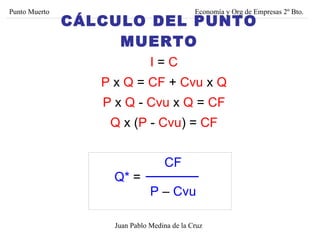 I  =  C P  x  Q  =  CF  +  Cvu  x  Q P  x  Q  -  Cvu  x  Q  =  CF Q  x   ( P  -  Cvu )   =  CF   CF Q*  =     P  –  Cvu Juan Pablo Medina de la Cruz Punto Muerto Economía y Org de Empresas 2º Bto. CÁLCULO DEL PUNTO MUERTO 