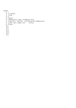 Gabarito
1) e
2) V = 0,62 litro
3) 74,3 kg
4) d
5) 0,20 litro
6) a) Massa do LiH = 7,90 g b) rendimento = 80 %
7) a) NH3+CH4 → HCN+3H2 b) 2,125 kg de NH3 e 2,000 kg de CH4
8) a) 3NO2 + H2O → 2HNO3 + NO b) 12,6 g
9) 67 litros
10) c
11) c
12) a
13) a
14) b
15) d
16) c
 