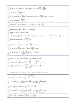 - 11 -
( )
2
1
1 1
sec ln sec tg ln tg
2 4
1
sec tg
sec
sec tg sec sec tg 1
sec
sec tg
n
n n
ax
ax dx ax ax k k
a a
ax dx x k
a
ax
ax ax dx ax ax ax dx k n
n a
ax
ax ax dx k
a
-
æ ö÷ç ÷= + + = + +ç ÷ç ÷çè ø
= +
= = + ¹
⋅
= +
ò
ò
ò ò
ò

sec cosec ln tg ln sen ln cosx x dx x k x x k= + = - +ò
( )
2
1
1
cosec ln cosec cotg
cosec cotg
cosec
cosec cotg cosec cosec cotg 1
cosec
cosec cotg
n
n n
ax dx ax ax k
a
ax dx ax k
ax
ax ax dx ax ax ax dx k n
n a
x
ax ax dx k
a
-
= - +
= - +
-
= = + ¹
⋅
-
= +
ò
ò
ò ò
ò
( )
( )
( )
2 2
1
2
1 1
tg ln cos ln sec
tg
tg sec 1
tg
tg sec 1
1
n
n
ax dx ax k ax k
a a
ax
ax dx ax dx x k
a
ax
ax ax dx dx k n
a n
+
= - + = +
= - = - +
= + ¹
+
ò
ò ò
ò
( )
( )
( )
2 2
1
2
1 1
cotg ln sen ln cosec
cotg
cotg cosec 1
tg
cotg cosec 1
1
n
n
ax dx ax k ax k
a a
ax
ax dx ax dx x k
a
ax
ax ax dx dx k n
a n
+
= + = +
-
= - = - +
= + ¹
+
ò
ò ò
ò
 Integração de funções trigonométricas inversas
2 2
arc sen arc sen
x x
dx x a x k
a a
= + - +ò
1 1
2 2
1
arc sen arc sen
1 1
m m
m x x x x
x dx dx
a m a m a x
+ +
= -
+ + -
ò ò
2 2
arc cos arccos
x x
dx x a x k
a a
= - - +ò
1 1
2 2
1
arc cos arc cos
1 1
m m
m x x x x
x dx dx
a m a m a x
+ +
= +
+ + -
ò ò
( )2 2
arc tg arc tg ln
2
x x a
dx x x a k
a a
= - + +ò
 