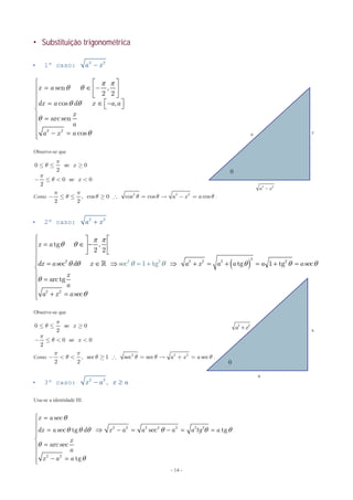 - 14 -
 Substituição trigonométrica
 1º caso: a x2 2
2 2
sen ,
2 2
cos ,
arc sen
cos
x a
dx a d x a a
x
a
a x a
 
 
 


  
    
 
      
 

  
Observe-se que
0 se 0
2
0 se 0
2
x
x
p
q
p
q
£ £ ³
- £ < <
Como 2 2 2
, cos 0 cos cos cos
2 2
a x a
p p
q q q q q- £ £ ³  =  - = .
 2º caso: a x2 2
 2 2
2
2 2 2 2 2
2 2
tg ,
2 2
sec tg 1 tg sese c
arctg
sec
c 1 tg
x a
dx a d x a x a a a a
x
a
a x a
  
 
 
    


  
    
 

           




 
Observe-se que
0 se 0
2
0 se 0
2
x
x
p
q
p
q
£ £ ³
- £ < <
Como 2 2 2
, sec 1 sec sec sec
2 2
a x a
p p
q q q q q- < < ³  =  + = .
 3º caso: x a x a 2 2
,
Usa-se a identidade III.
x a
dx a d x a a a a tg a
x
a
x a a

     


 

      




 
2 2 2 2 2 2 2
2 2
sec
sec tg sec tg
arcsec
tg

a x
2 2
a x

a
x
2 2
a x
 