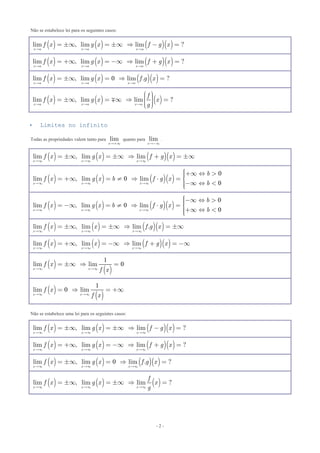 - 2 -
Não se estabelece lei para os seguintes casos:
 Limites no infinito
Todas as propriedades valem tanto para lim
x+¥
quanto para lim
x-¥
.
Não se estabelece uma lei para os seguintes casos:
( ) ( ) ( )( )lim , lim lim ?
x a x a x a
f x g x f g x
  
= ¥ = ¥  - =
( ) ( ) ( )( )lim , lim lim ?
x a x a x a
f x g x f g x
  
= +¥ = -¥  + =
( ) ( ) ( )( )0lim , lim lim . ?
x a x a x a
f x g x f g x
  
= ¥ =  =
( ) ( ) ( )lim , lim lim ?
x a x a x a
f
f x g x x
g

  
æ ö÷ç ÷= ¥ = ¥  =ç ÷ç ÷çè ø
( ) ( ) ( )( )lim , lim lim
x x x
f x g x f g x
¥ ¥ ¥
= ¥ = ¥  + = ¥
( ) ( ) ( )( )
0
0
0
lim , lim lim
x x x
b
f x g x b f g x
b¥ ¥ ¥
ìï+¥  >ï= +¥ = ¹  ⋅ = í
ï-¥  <ïî
( ) ( ) ( )( )
0
0
0
lim , lim lim
x x x
b
f x g x b f g x
b¥ ¥ ¥
ìï-¥  >ï= -¥ = ¹  ⋅ = í
ï+¥  <ïî
( ) ( ) ( )( )lim , lim lim .
x x x
f x x f g x
¥ ¥ ¥
= ¥ = ¥  = ¥
( ) ( ) ( )( )lim , lim lim
x x x
f x x f g x
¥ ¥ ¥
= +¥ = -¥  + = -¥
( )
( )
1
0lim lim
x x
f x
f x¥ ¥
= ¥  =
( )
( )
1
0lim lim
x x
f x
f x¥ ¥
=  = +¥
( ) ( ) ( )( )lim , lim lim ?
x x x
f x g x f g x
¥ ¥ ¥
= ¥ = ¥  - =
( ) ( ) ( )( )lim , lim lim ?
x x x
f x g x f g x
¥ ¥ ¥
= +¥ = -¥  + =
( ) ( ) ( )( )0lim , lim lim . ?
x x x
f x g x f g x
¥ ¥ ¥
= ¥ =  =
( ) ( ) ( )lim , lim lim ?
x x x
f
f x g x x
g¥ ¥ ¥
= ¥ = ¥  =
 