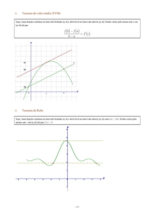 - 43 -
o Teorema do valor médio (TVM)
o Teorema de Rolle
Seja f uma função contínua no intevalo fechado [a, b] e derivável no intervalo aberto ]a, b[. Então existe pelo menos um c em
[a, b] tal que
( ) ( )
( )’
f b f a
f c
b a
-
=
-
.
Seja f uma função contínua no intevalo fechado [a, b] e derivável no intervalo aberto ]a, b[ com f(a) = f(b). Então existe pelo
menos um c em ]a, b[ tal que f’(c) = 0.
 