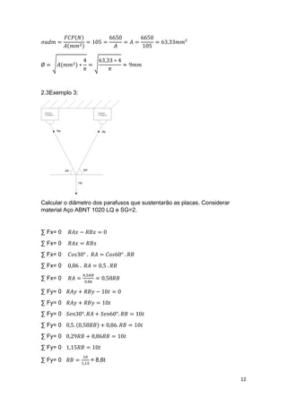 12
𝜎𝑎𝑑𝑚 =
𝐹𝐶𝑃(𝑁)
𝐴(𝑚𝑚2)
= 105 =
6650
𝐴
= 𝐴 =
6650
105
= 63,33𝑚𝑚²
Ø = √𝐴(𝑚𝑚2) ∗
4
𝜋
= √
63,33 ∗ 4
𝜋
≈ 9𝑚𝑚
2.3Exemplo 3:
Calcular o diâmetro dos parafusos que sustentarão as placas. Considerar
material Aço ABNT 1020 LQ e SG=2.
∑ Fx= 0 𝑅𝐴𝑥 − 𝑅𝐵𝑥 = 0
∑ Fx= 0 𝑅𝐴𝑥 = 𝑅𝐵𝑥
∑ Fx= 0 𝐶𝑜𝑠30° . 𝑅𝐴 = 𝐶𝑜𝑠60° . 𝑅𝐵
∑ Fx= 0 0,86 . 𝑅𝐴 = 0,5 . 𝑅𝐵
∑ Fx= 0 𝑅𝐴 =
0,5𝑅𝐵
0,86
= 0,58𝑅𝐵
∑ Fy= 0 𝑅𝐴𝑦 + 𝑅𝐵𝑦 − 10𝑡 = 0
∑ Fy= 0 𝑅𝐴𝑦 + 𝑅𝐵𝑦 = 10𝑡
∑ Fy= 0 𝑆𝑒𝑛30°. 𝑅𝐴 + 𝑆𝑒𝑛60°. 𝑅𝐵 = 10𝑡
∑ Fy= 0 0,5. (0,58𝑅𝐵) + 0,86. 𝑅𝐵 = 10𝑡
∑ Fy= 0 0,29𝑅𝐵 + 0,86𝑅𝐵 = 10𝑡
∑ Fy= 0 1,15𝑅𝐵 = 10𝑡
∑ Fy= 0 𝑅𝐵 =
10
1,15
= 8,6t
 