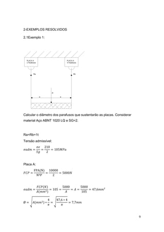 9
2-EXEMPLOS RESOLVIDOS
2.1Exemplo 1:
Calcular o diâmetro dos parafusos que sustentarão as placas. Considerar
material Aço ABNT 1020 LQ e SG=2.
Ra=Rb=1t
Tensão admissível:
𝜎𝑎𝑑𝑚 =
𝜎𝑒
𝑆𝑔
=
210
2
= 105𝑀𝑃𝑎
Placa A:
𝐹𝐶𝑃 =
FPA(N)
NºP
=
10000
2
= 5000𝑁
𝜎𝑎𝑑𝑚 =
𝐹𝐶𝑃(𝑁)
𝐴(𝑚𝑚2)
= 105 =
5000
𝐴
= 𝐴 =
5000
105
= 47,6𝑚𝑚²
Ø = √𝐴(𝑚𝑚2) ∗
4
𝜋
= √
47,6 ∗ 4
𝜋
= 7,7𝑚𝑚
 