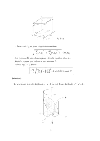 r
r
(xi, yj, 0)
Rij
z
∴ ´Area sobre Rij , no plano tangente considerado ´e:
∂f
∂x
(xi, yj)
2
+
∂f
∂y
(xi, yj)
2
+ 1 · ∆xi∆yj
Esta express˜ao d´a uma estimativa para a ´area da superf´ıcie sobre Rij .
Somando, teremos uma estimativa para a ´area de S .
Fazendo m(G) → 0, temos:
Ω
∂f
∂x
2
+
∂f
∂y
2
+ 1 dx dy
def.
== ´Area de S
Exemplos:
1. Ache a ´area da regi˜ao do plano z = −y + 1 que est´a dentro do cilindro x2 + y2 = 1.
y
z
S
x Ω

c
T
a
E
35
 