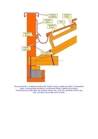 Deve-se tomar o cuidado da telha não invadir muito a seção da calha. É necessário
      fazer a manutenção periódica, removendo folhas e galhos de árvores.
 O caimento da calha deve ser de pelo menos 2%. Com um caimento menor que
                     isso, começa a acumular terra e areia.
 