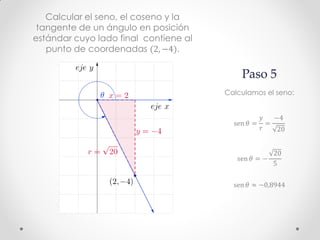 Paso 5
Calcular el seno, el coseno y la
tangente de un ángulo en posición
estándar cuyo lado final contiene al
punto de coordenadas (2, −4).
Calculamos el seno:
sen 𝜃 =
𝑦
𝑟
=
−4
20
sen 𝜃 = −
20
5
sen 𝜃 ≈ −0,8944
 