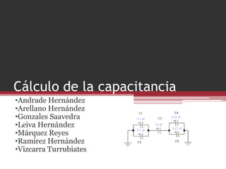 Cálculo de la capacitancia
•Andrade Hernández
•Arellano Hernández
•Gonzales Saavedra
•Leiva Hernández
•Márquez Reyes
•Ramírez Hernández
•Vizcarra Turrubiates
 